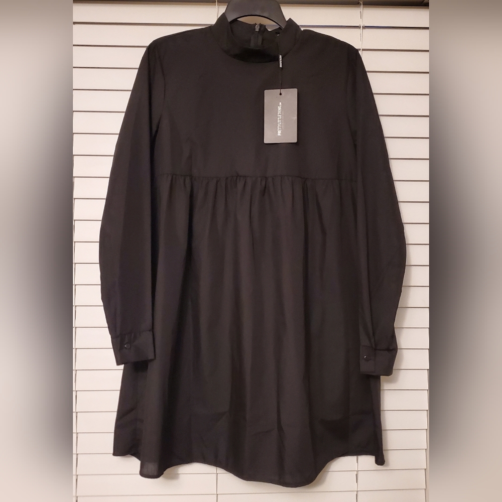 PrettyLittleThing Baby Doll Shirt Dress - Black (Size: 12)